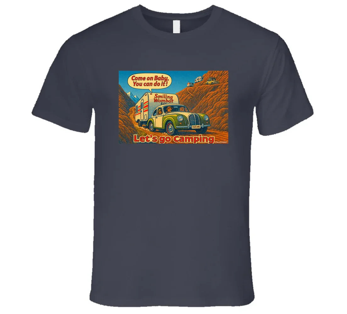 - “Smiling Wombat RV T-shirt featuring vintage-style car towing trailer up mountain with ‘Come on Baby’ slogan”
