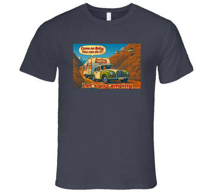 - “Smiling Wombat RV T-shirt featuring vintage-style car towing trailer up mountain with ‘Come on Baby’ slogan”
