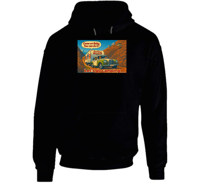 - “Funny road trip hoodie featuring Smiling Wombat RV scene and bold ‘Let’s Go Camping’ graphic”
