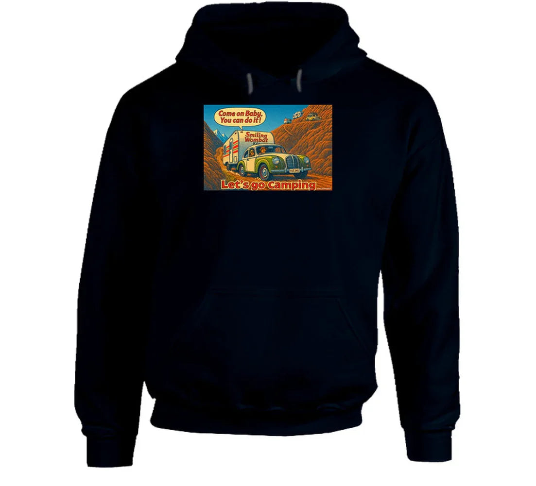 - “Funny road trip hoodie featuring Smiling Wombat RV scene and bold ‘Let’s Go Camping’ graphic”
