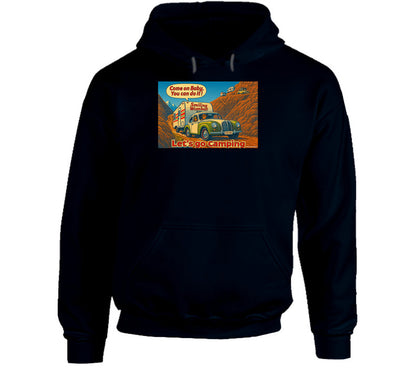 - “Funny road trip hoodie featuring Smiling Wombat RV scene and bold ‘Let’s Go Camping’ graphic”
