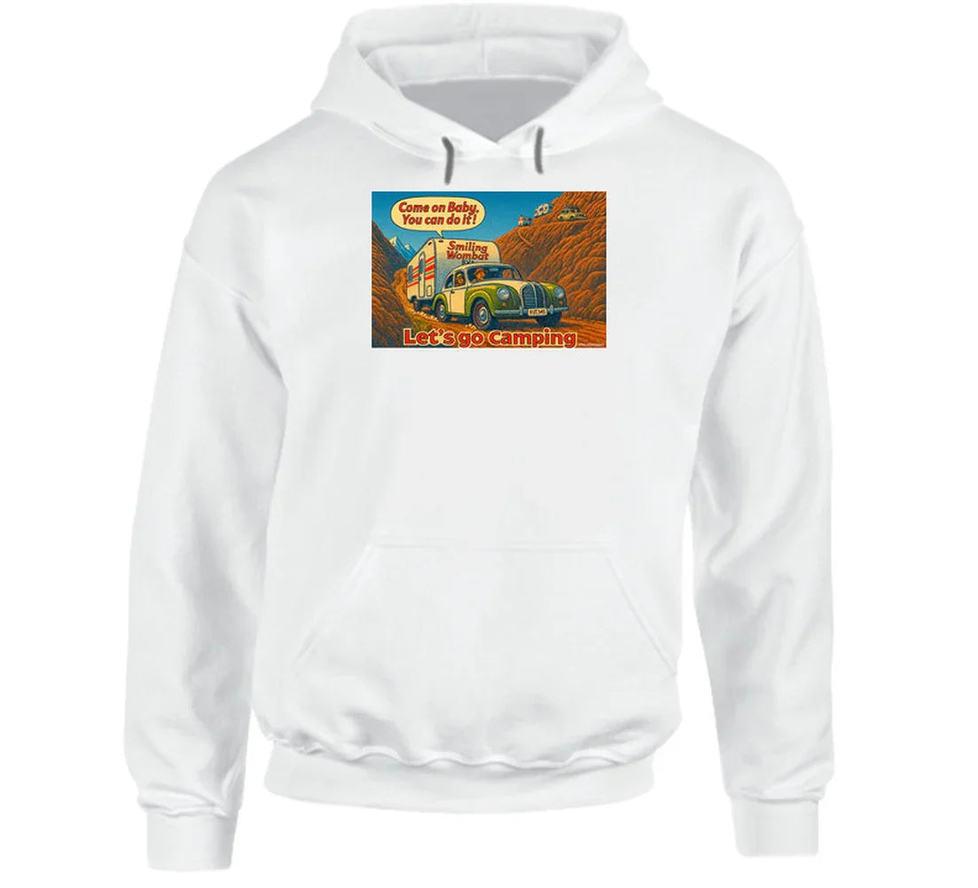 - “Funny road trip hoodie featuring Smiling Wombat RV scene and bold ‘Let’s Go Camping’ graphic”
