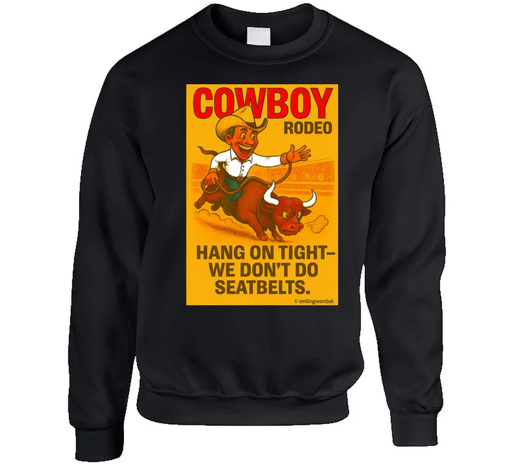 "Funny rodeo sweatshirt – bucking bull cartoon with cowboy and arena"