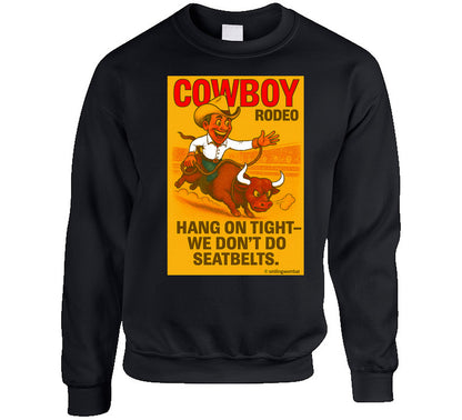 "Funny rodeo sweatshirt – bucking bull cartoon with cowboy and arena"