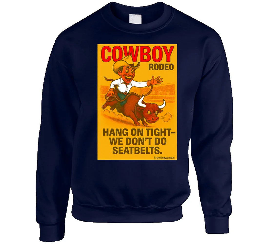 "Funny rodeo sweatshirt – bucking bull cartoon with cowboy and arena"