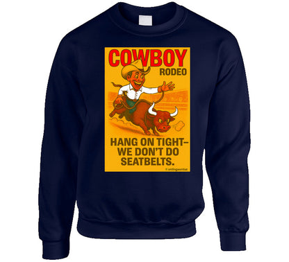 "Funny rodeo sweatshirt – bucking bull cartoon with cowboy and arena"