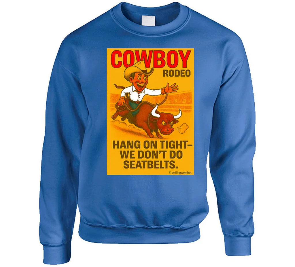 "Funny rodeo sweatshirt – bucking bull cartoon with cowboy and arena"