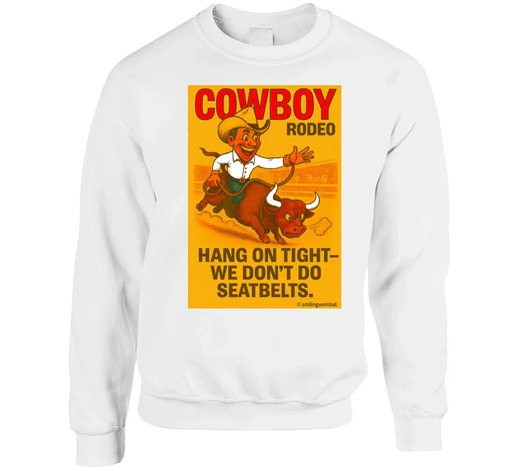 "Funny rodeo sweatshirt – bucking bull cartoon with cowboy and arena"