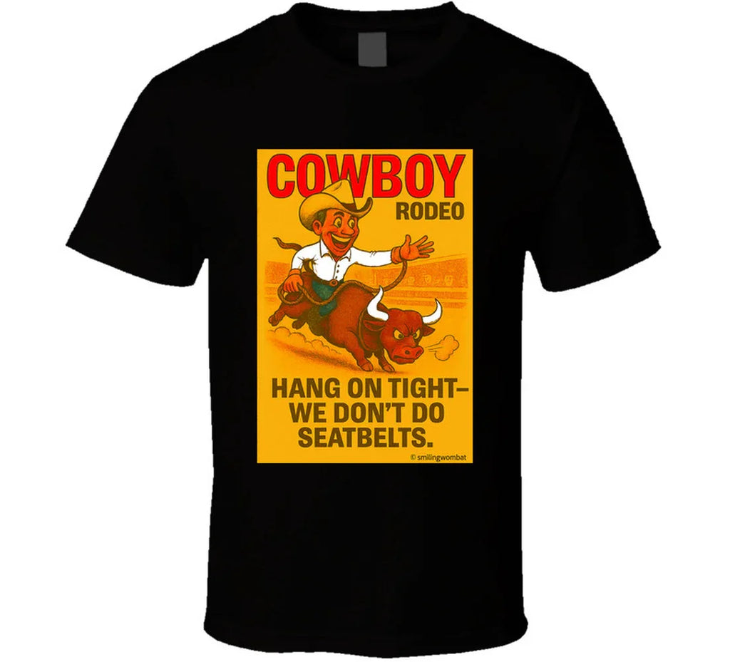 "Funny cowboy rodeo T-shirt – cartoon bull rider graphic by Smiling Wombat"