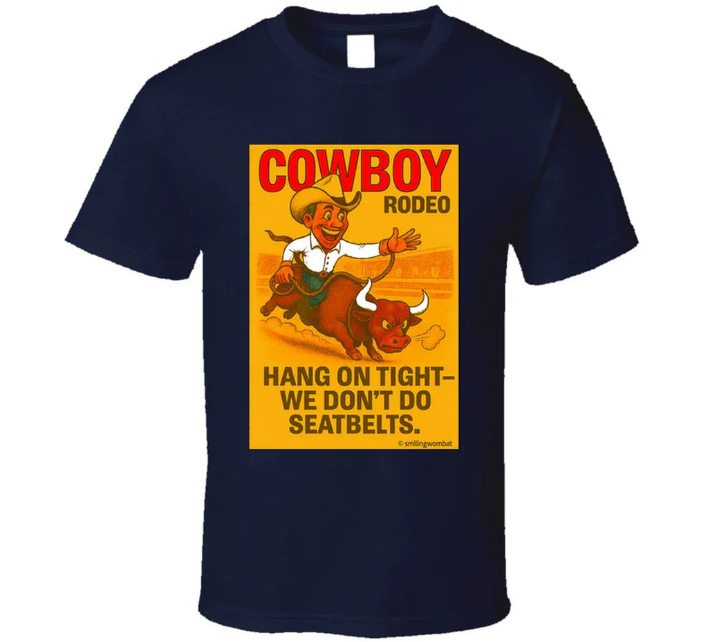 "Funny cowboy rodeo T-shirt – cartoon bull rider graphic by Smiling Wombat"