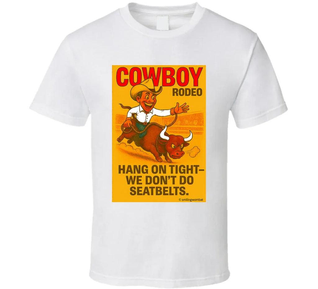 "Funny cowboy rodeo T-shirt – cartoon bull rider graphic by Smiling Wombat"