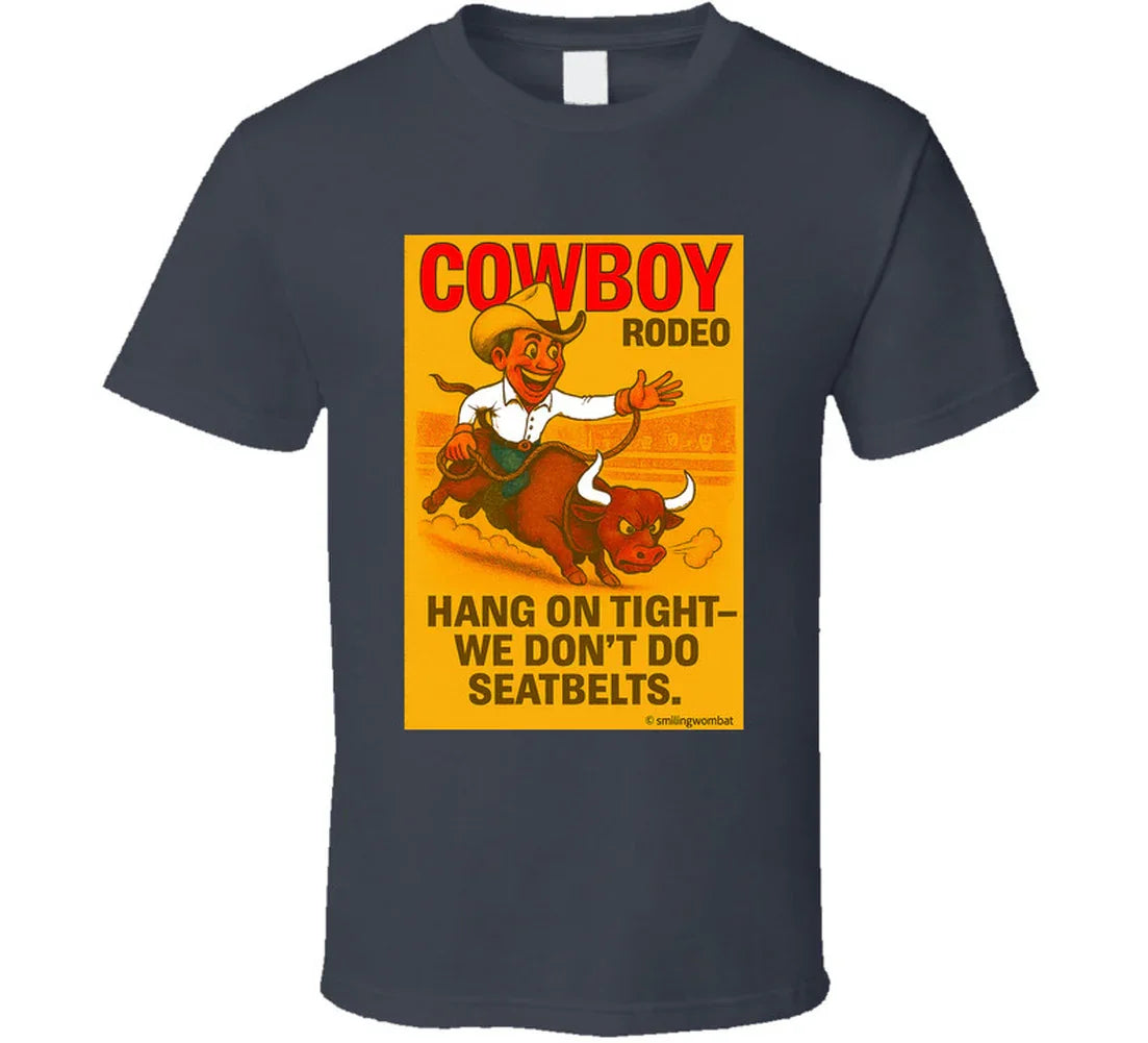"Funny cowboy rodeo T-shirt – cartoon bull rider graphic by Smiling Wombat"