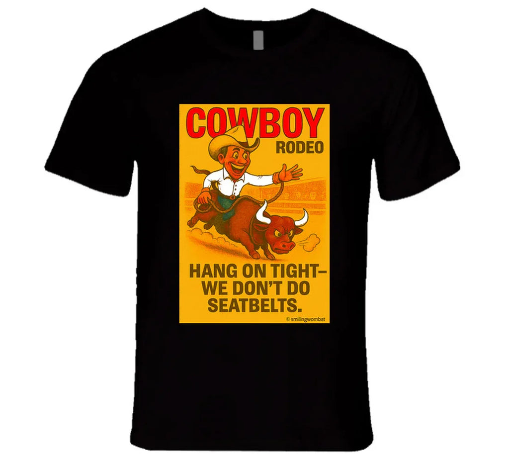 "Funny cowboy rodeo T-shirt – cartoon bull rider graphic by Smiling Wombat"
