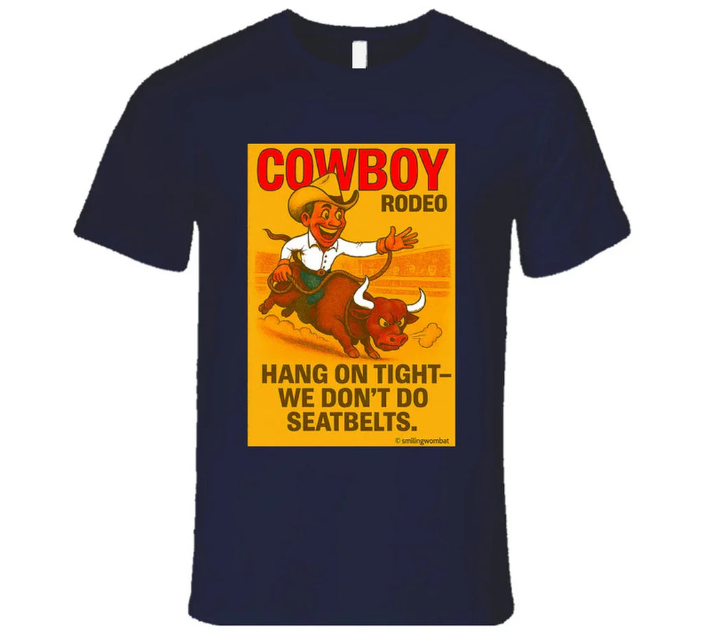 "Funny cowboy rodeo T-shirt – cartoon bull rider graphic by Smiling Wombat"