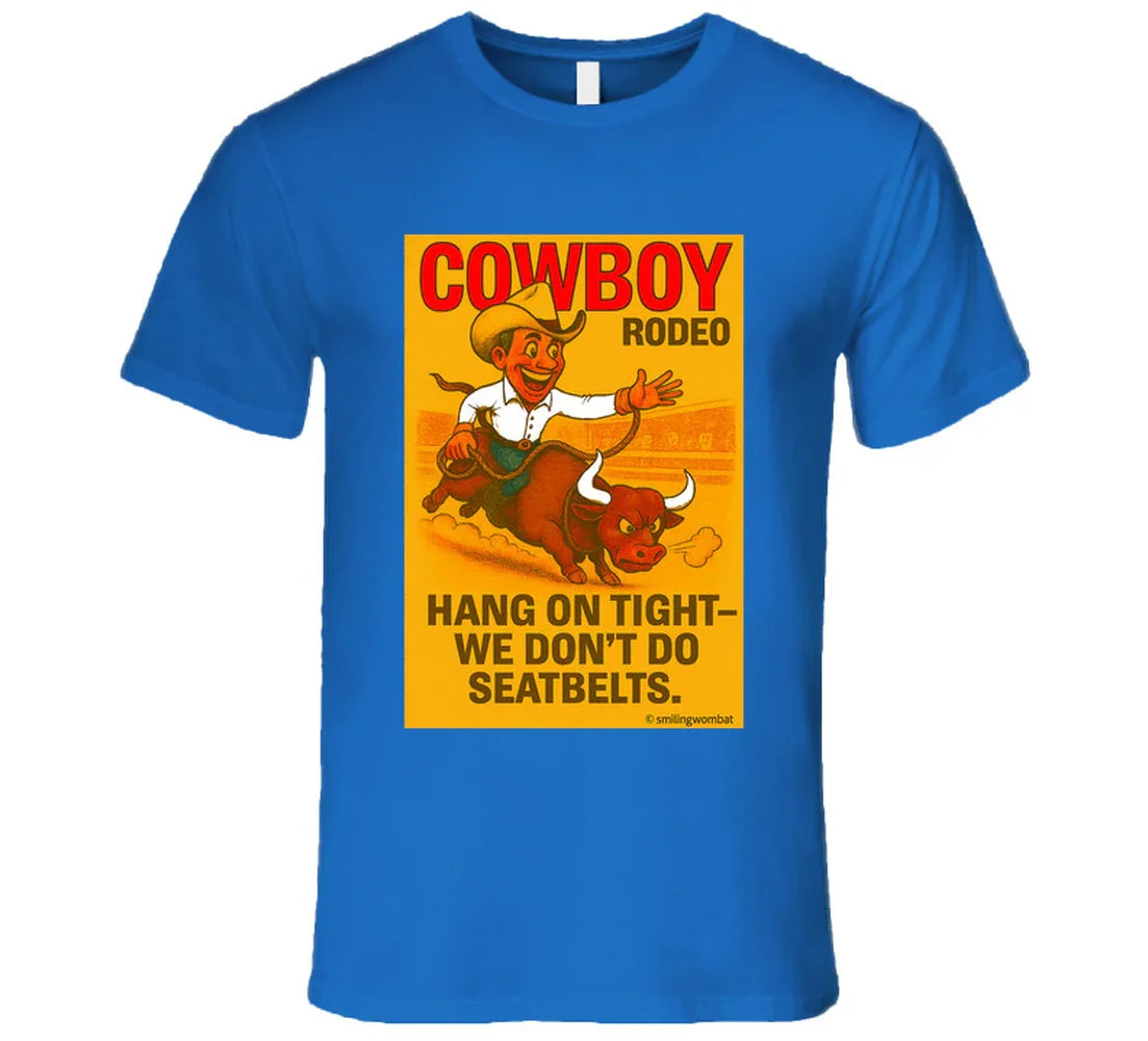"Funny cowboy rodeo T-shirt – cartoon bull rider graphic by Smiling Wombat"