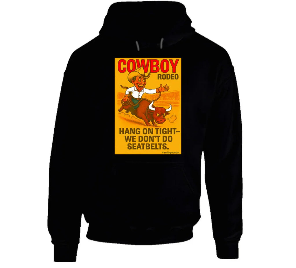 "Western rodeo hoodie – cartoon cowboy bull ride with dust trail art"