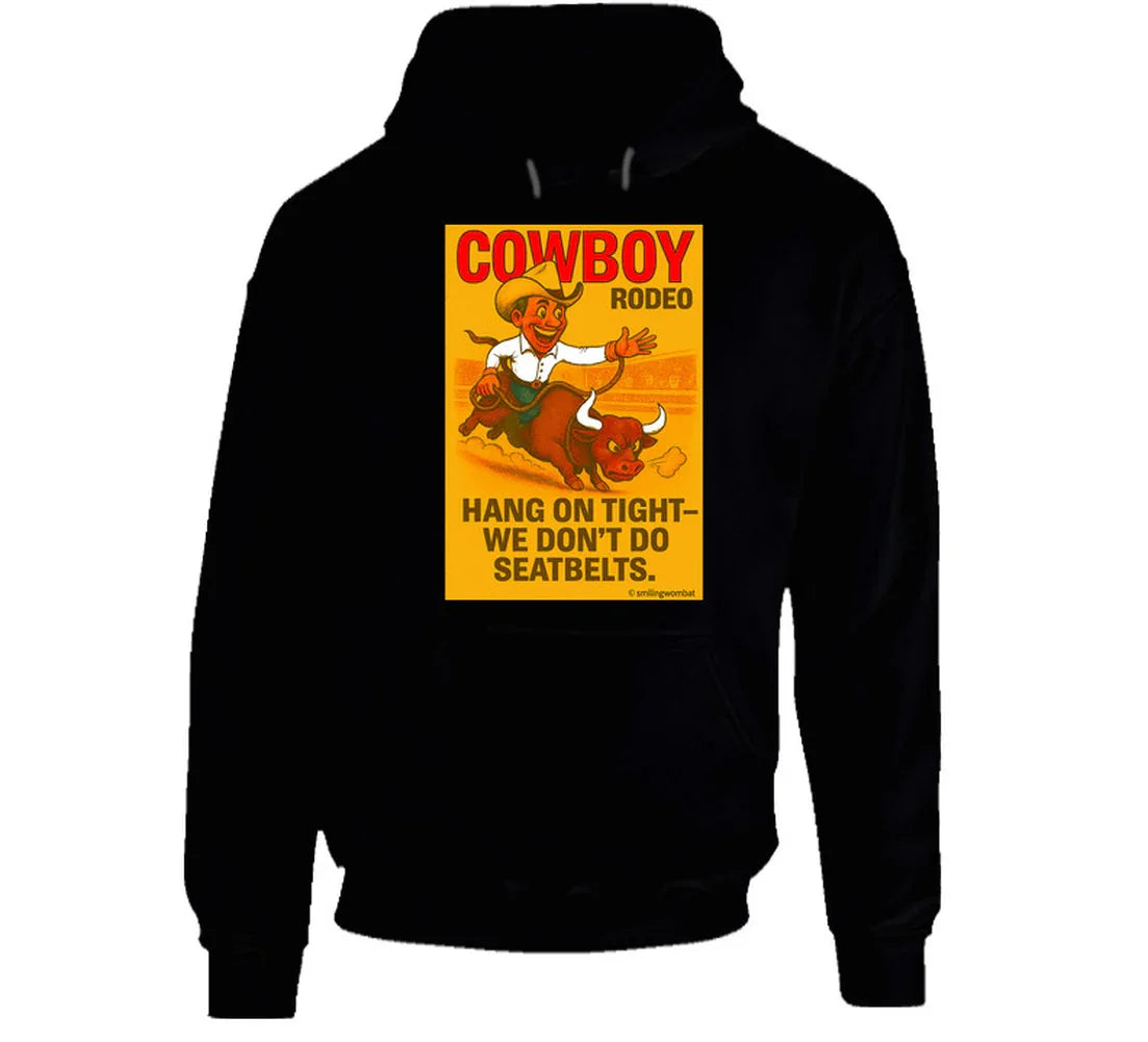 "Western rodeo hoodie – cartoon cowboy bull ride with dust trail art"