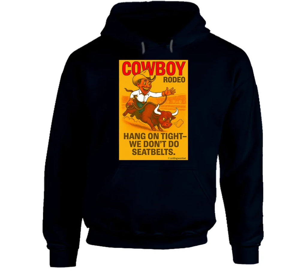 "Western rodeo hoodie – cartoon cowboy bull ride with dust trail art"