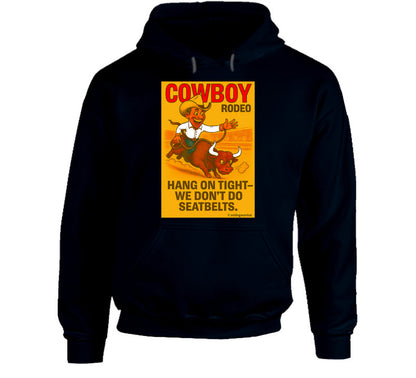 "Western rodeo hoodie – cartoon cowboy bull ride with dust trail art"