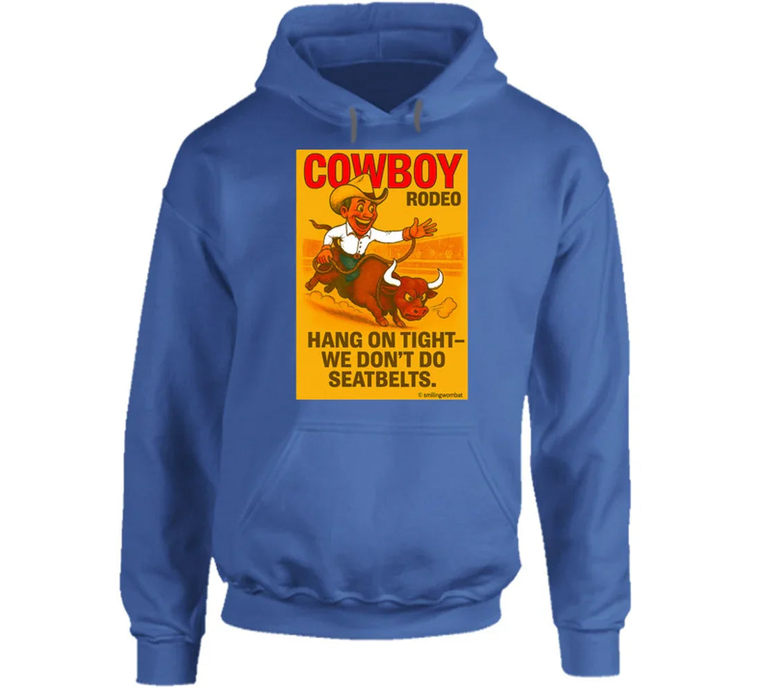 "Western rodeo hoodie – cartoon cowboy bull ride with dust trail art"