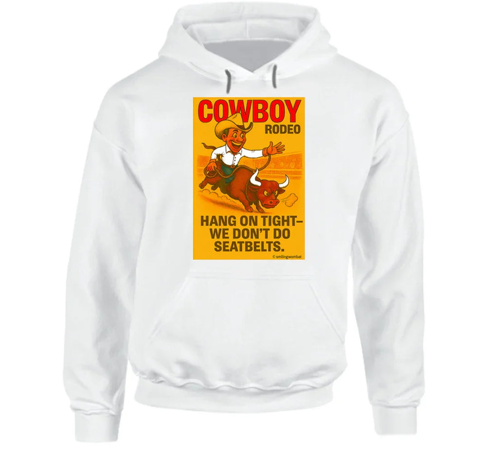 "Western rodeo hoodie – cartoon cowboy bull ride with dust trail art"