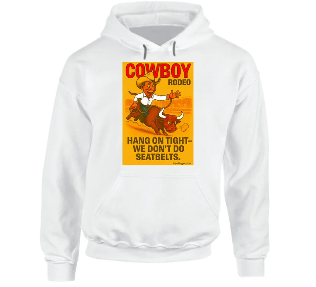 "Western rodeo hoodie – cartoon cowboy bull ride with dust trail art"