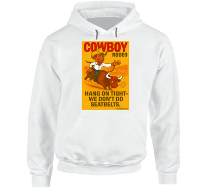 "Western rodeo hoodie – cartoon cowboy bull ride with dust trail art"
