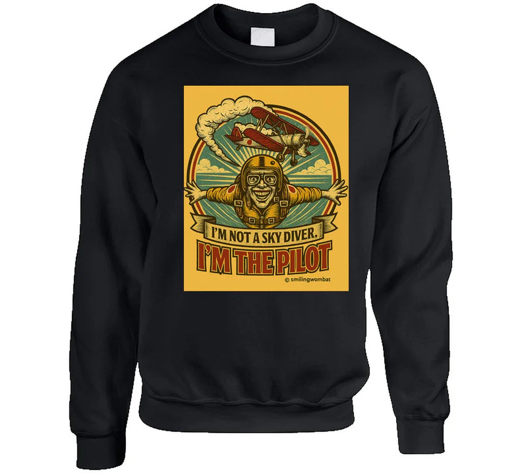 Smiling Wombat 'I'm the Pilot' crewneck sweatshirt – soft cotton blend with retro pilot print