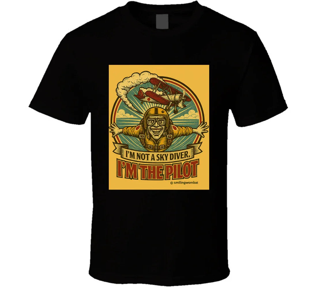Smiling Wombat 'I'm the Pilot' vintage short sleeve t-shirt – retro aviator biplane design