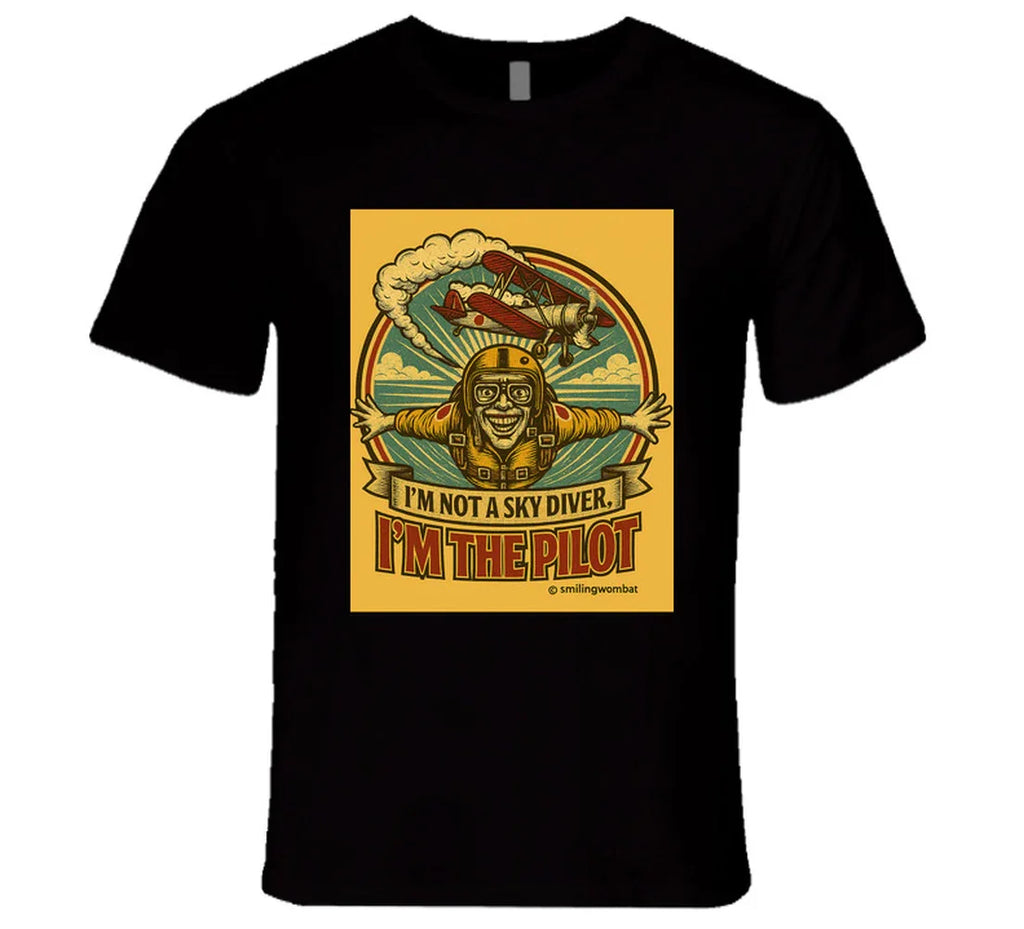 Smiling Wombat 'I'm the Pilot' vintage short sleeve t-shirt – retro aviator biplane design