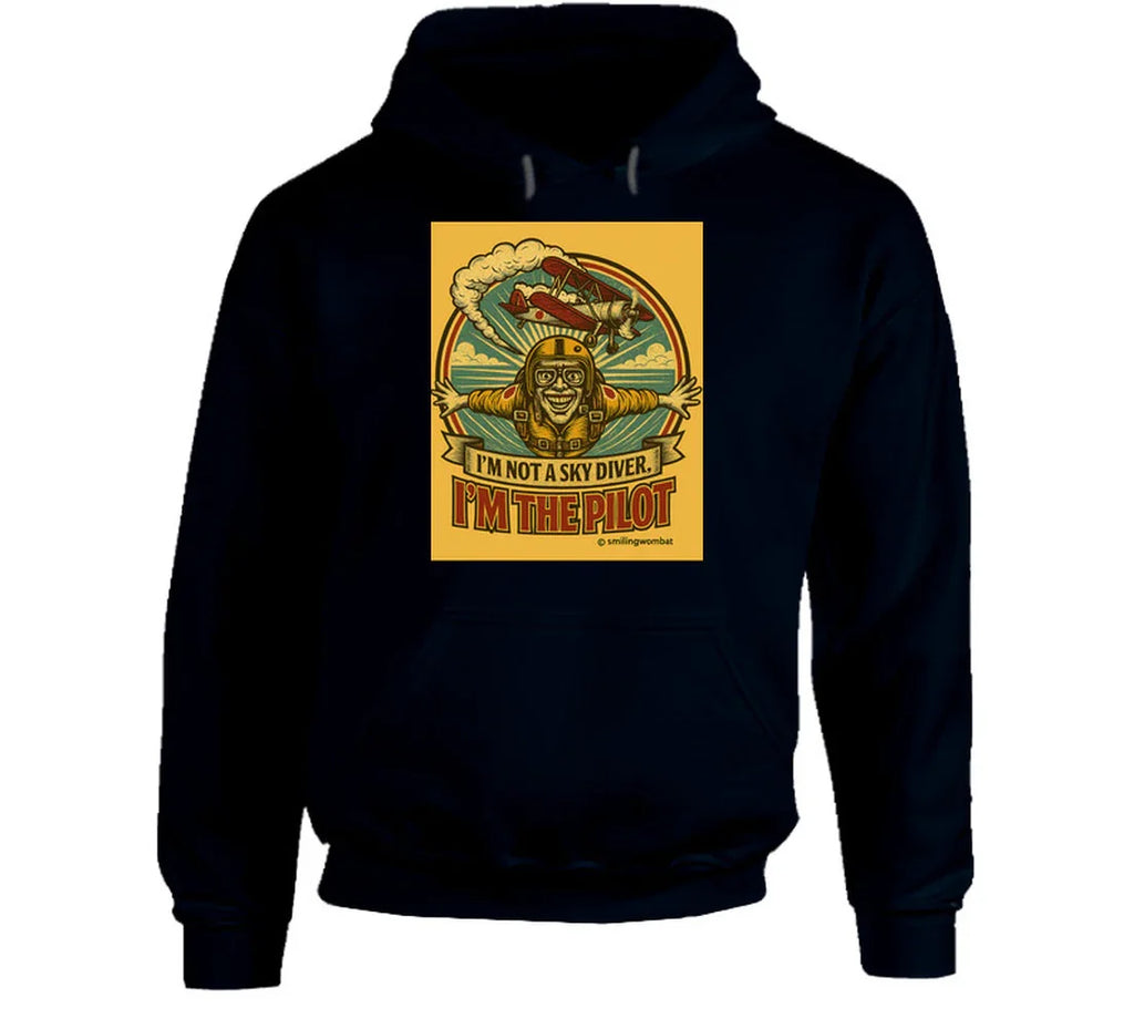 Smiling Wombat 'I'm the Pilot' pullover hoodie – warm aviator hoodie with distressed vintage design