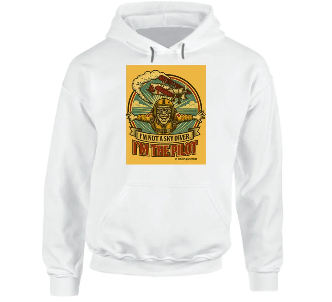 Smiling Wombat 'I'm the Pilot' pullover hoodie – warm aviator hoodie with distressed vintage design