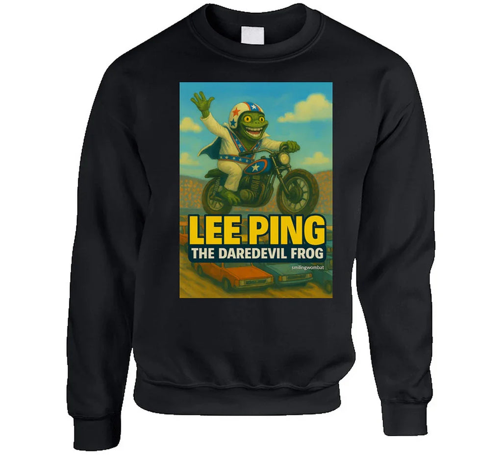 Lee Ping Daredevil Frog Sweatshirt – vintage-style frog stunt illustration