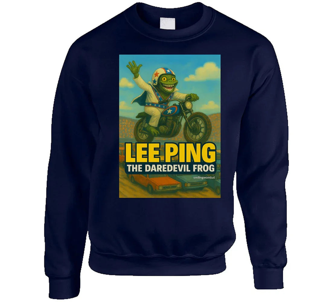 Lee Ping Daredevil Frog Sweatshirt – vintage-style frog stunt illustration