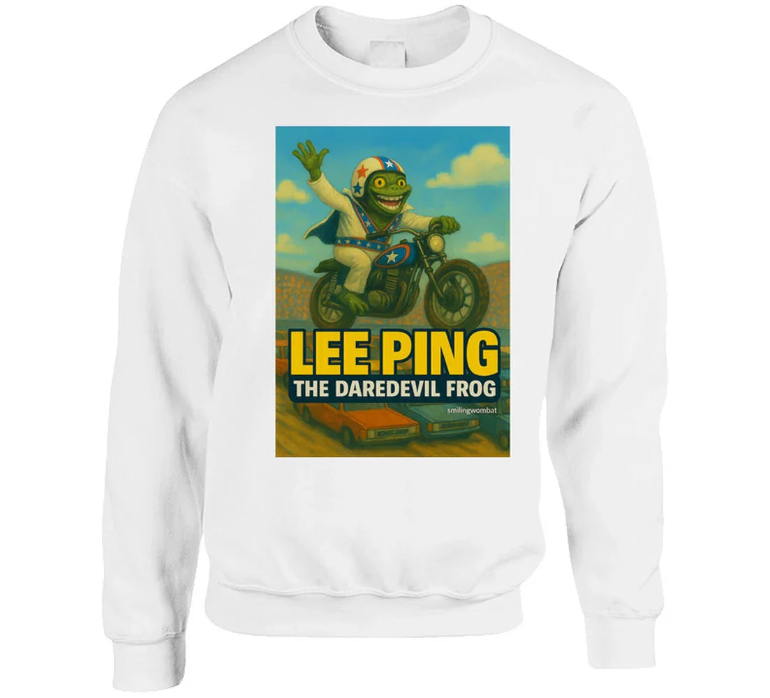 Lee Ping Daredevil Frog Sweatshirt – vintage-style frog stunt illustration