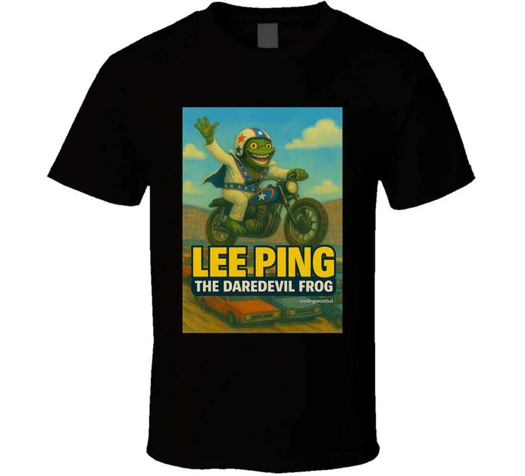Lee Ping Daredevil Frog T-shirt – cartoon frog jumping motorcycle over cars