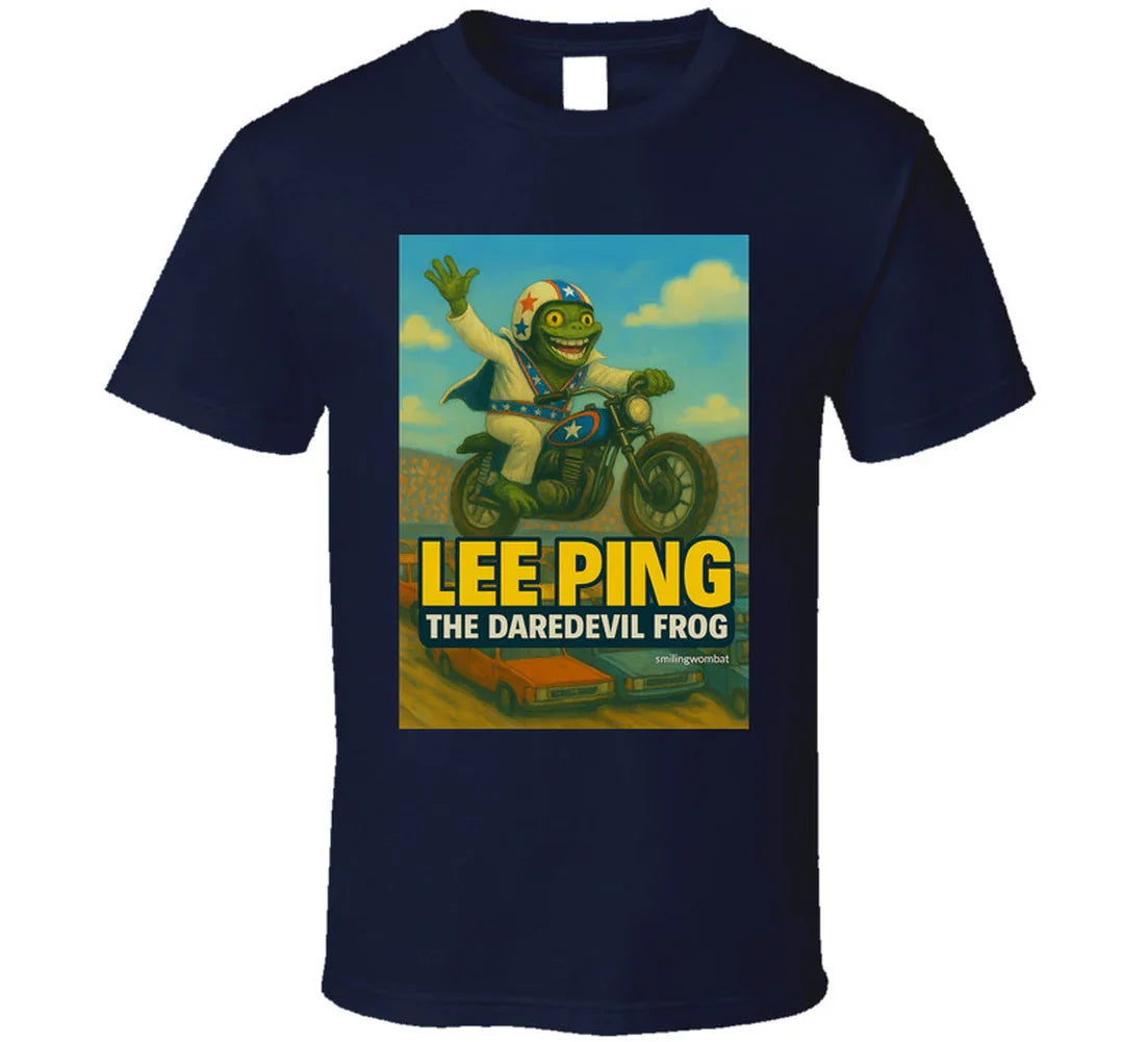 Lee Ping Daredevil Frog T-shirt – cartoon frog jumping motorcycle over cars