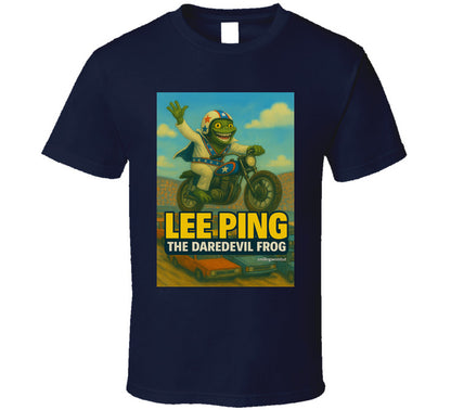Lee Ping Daredevil Frog T-shirt – cartoon frog jumping motorcycle over cars