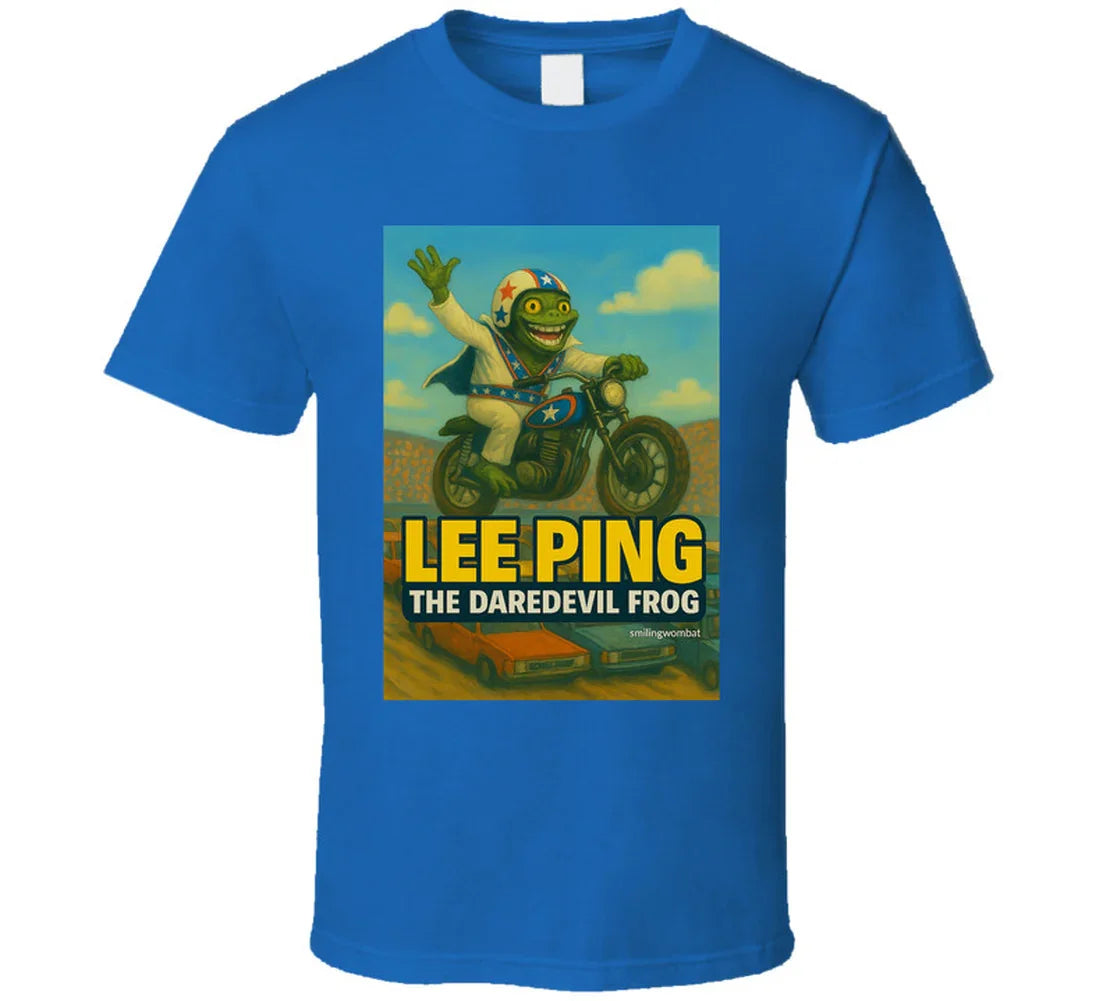 Lee Ping Daredevil Frog T-shirt – cartoon frog jumping motorcycle over cars
