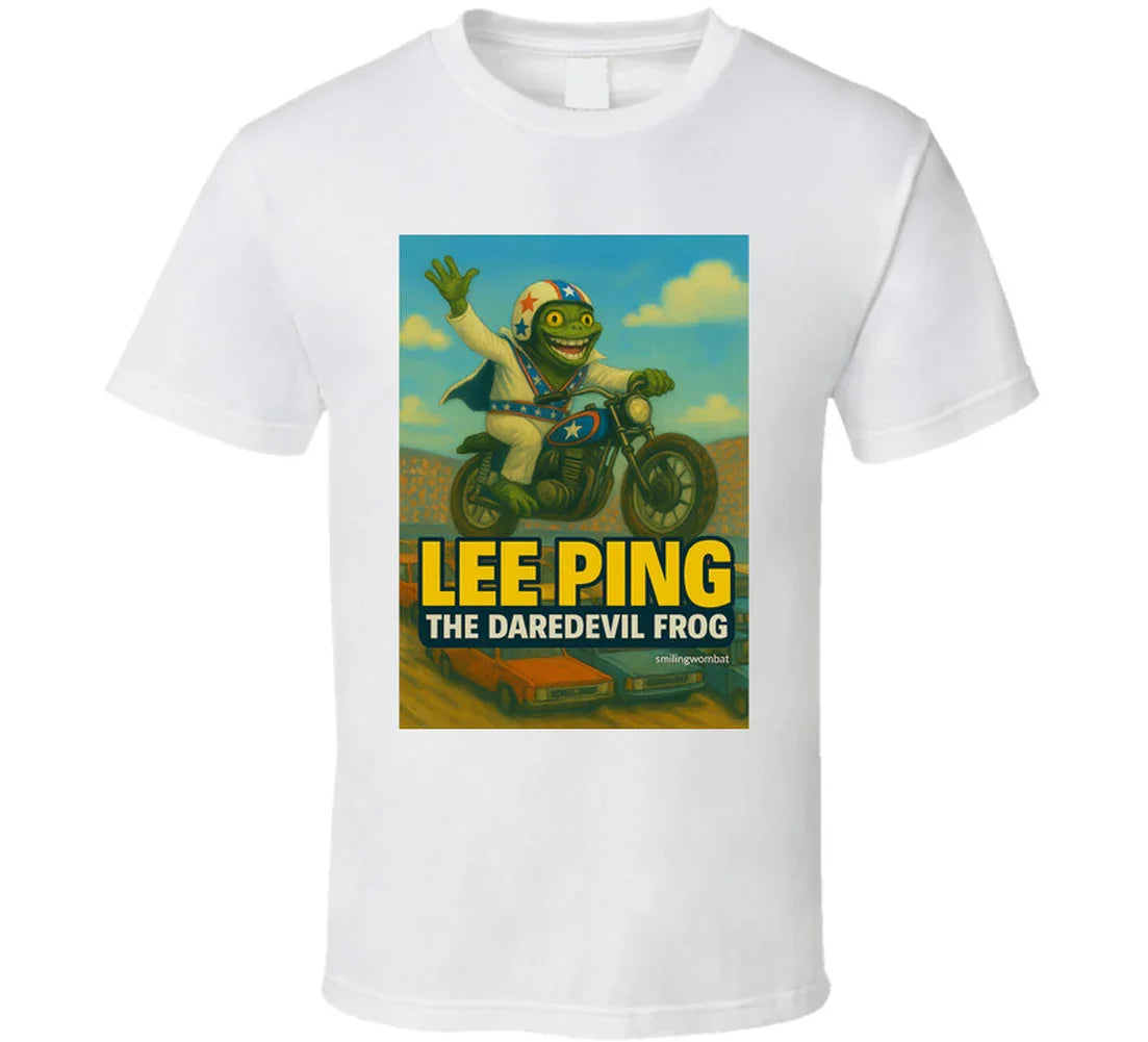 Lee Ping Daredevil Frog T-shirt – cartoon frog jumping motorcycle over cars