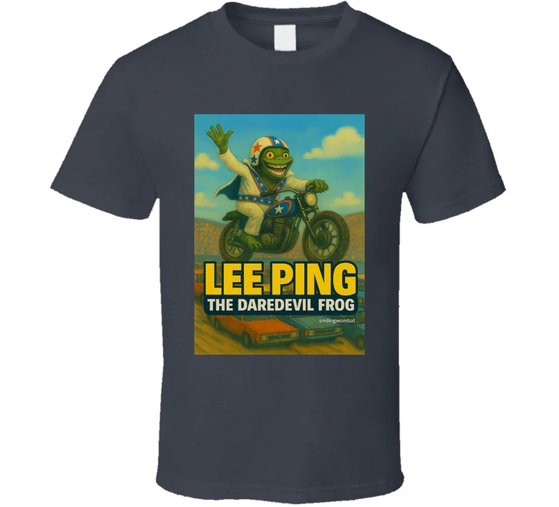 Lee Ping Daredevil Frog T-shirt – cartoon frog jumping motorcycle over cars