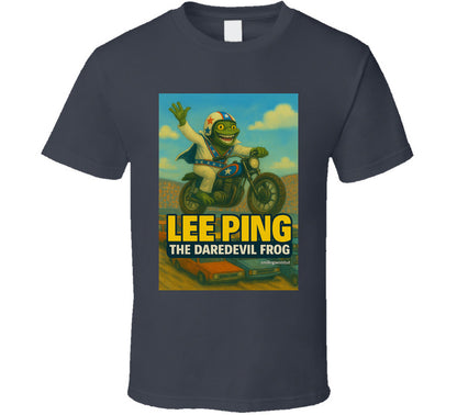 Lee Ping Daredevil Frog T-shirt – cartoon frog jumping motorcycle over cars