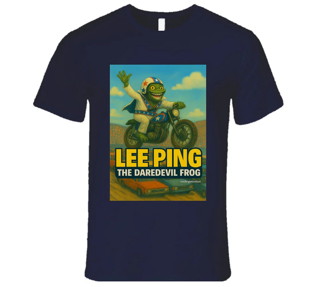 Lee Ping Daredevil Frog T-shirt – cartoon frog jumping motorcycle over cars
