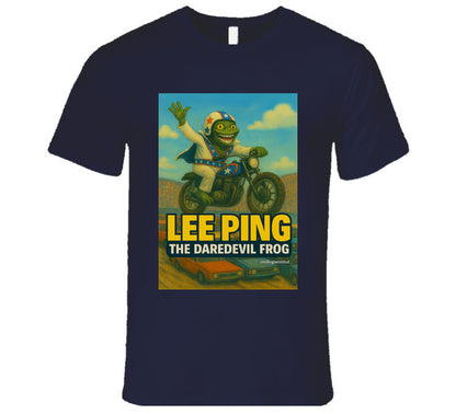 Lee Ping Daredevil Frog T-shirt – cartoon frog jumping motorcycle over cars