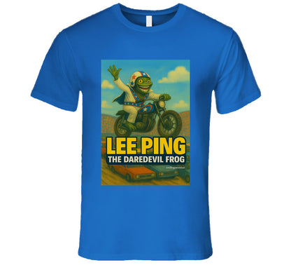 Lee Ping Daredevil Frog T-shirt – cartoon frog jumping motorcycle over cars