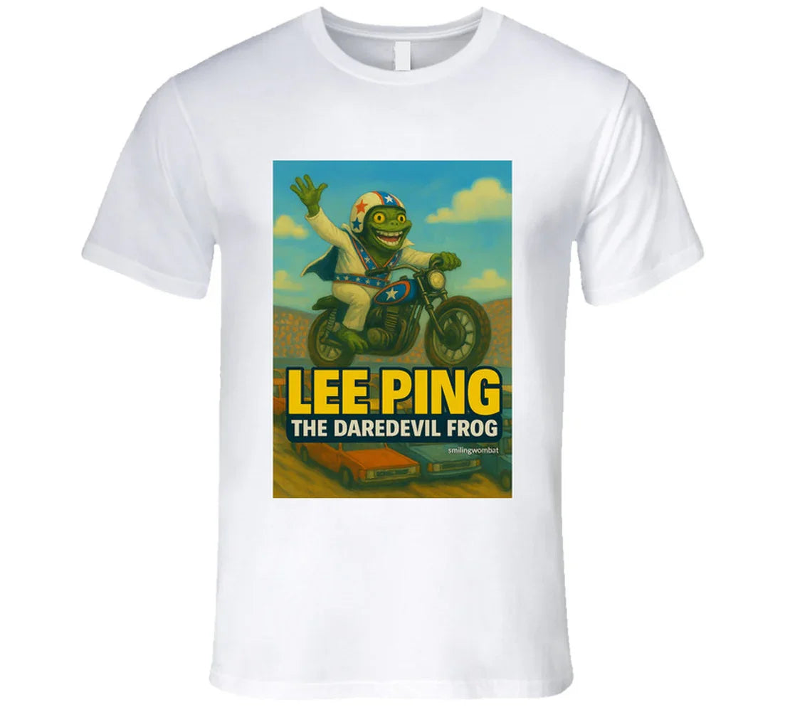 Lee Ping Daredevil Frog T-shirt – cartoon frog jumping motorcycle over cars
