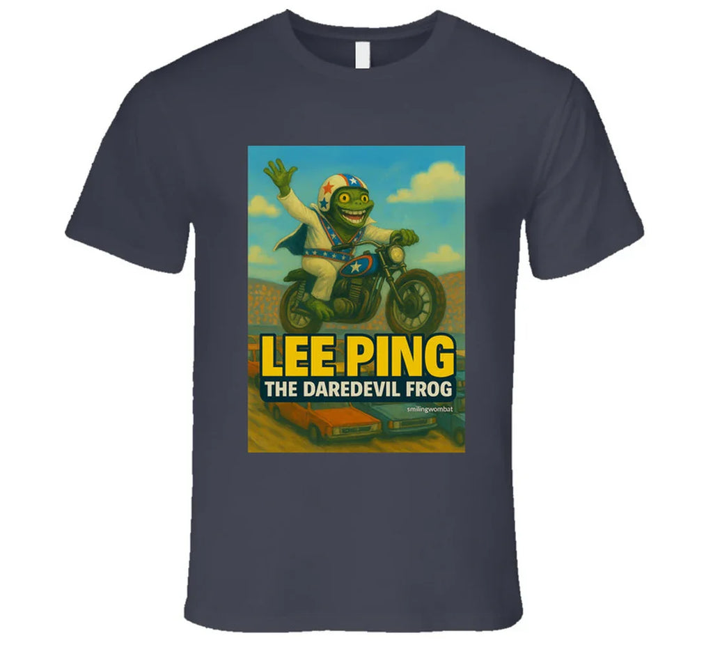 Lee Ping Daredevil Frog T-shirt – cartoon frog jumping motorcycle over cars
