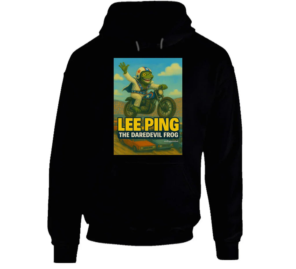 Lee Ping Daredevil Frog Hoodie – whimsical frog daredevil mid-air on motorcycle