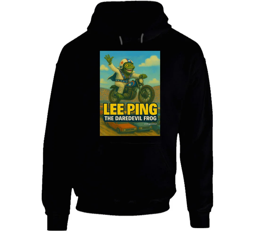 Lee Ping Daredevil Frog Hoodie – whimsical frog daredevil mid-air on motorcycle