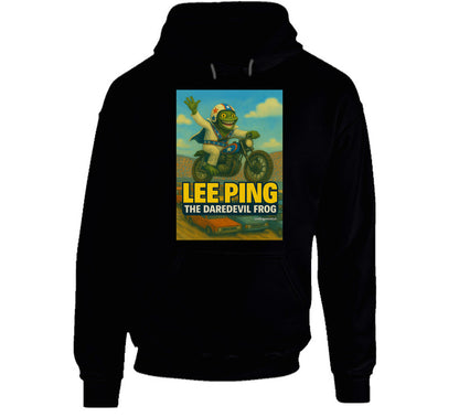 Lee Ping Daredevil Frog Hoodie – whimsical frog daredevil mid-air on motorcycle
